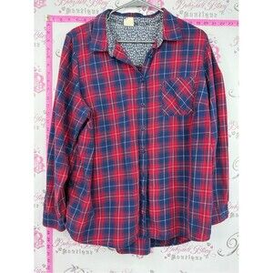 DC jeans long sleeve blue white Red and Navy Plaid Button-Up Shirt